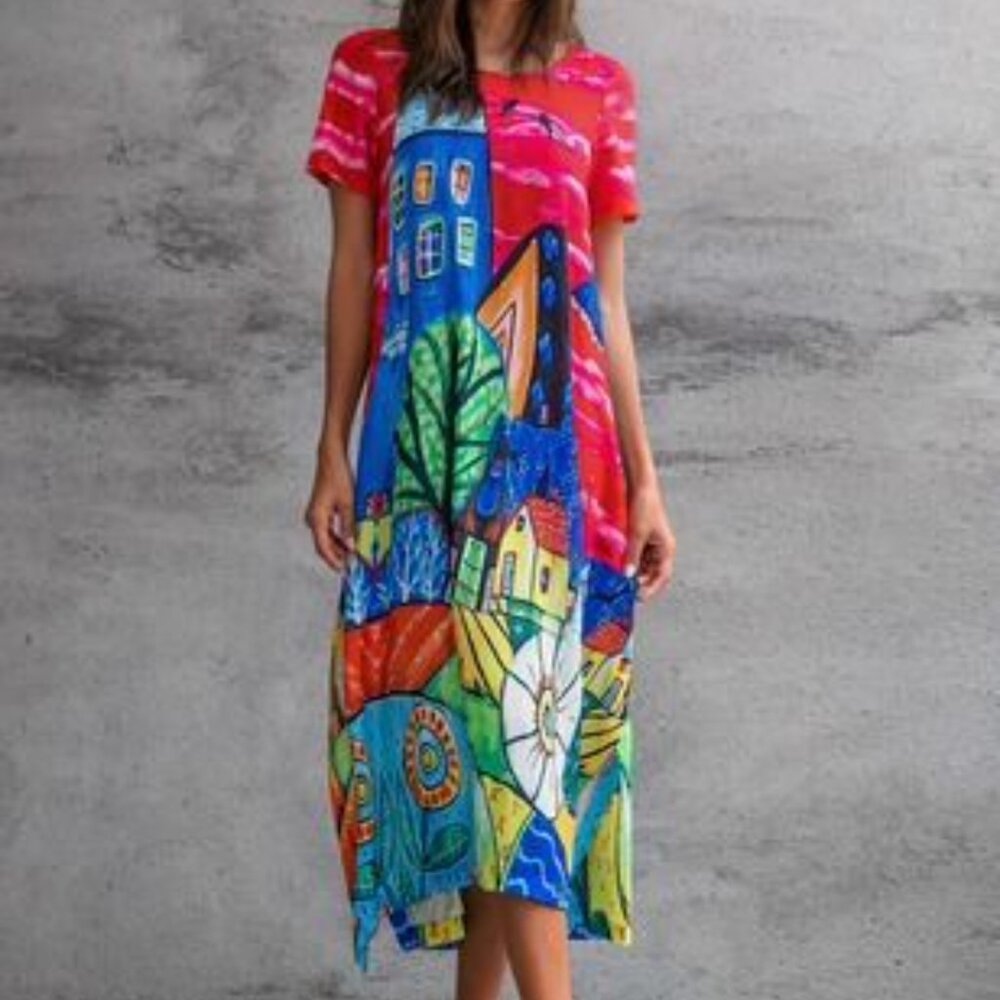 Floryday village scene shift dress with side slits size medium
